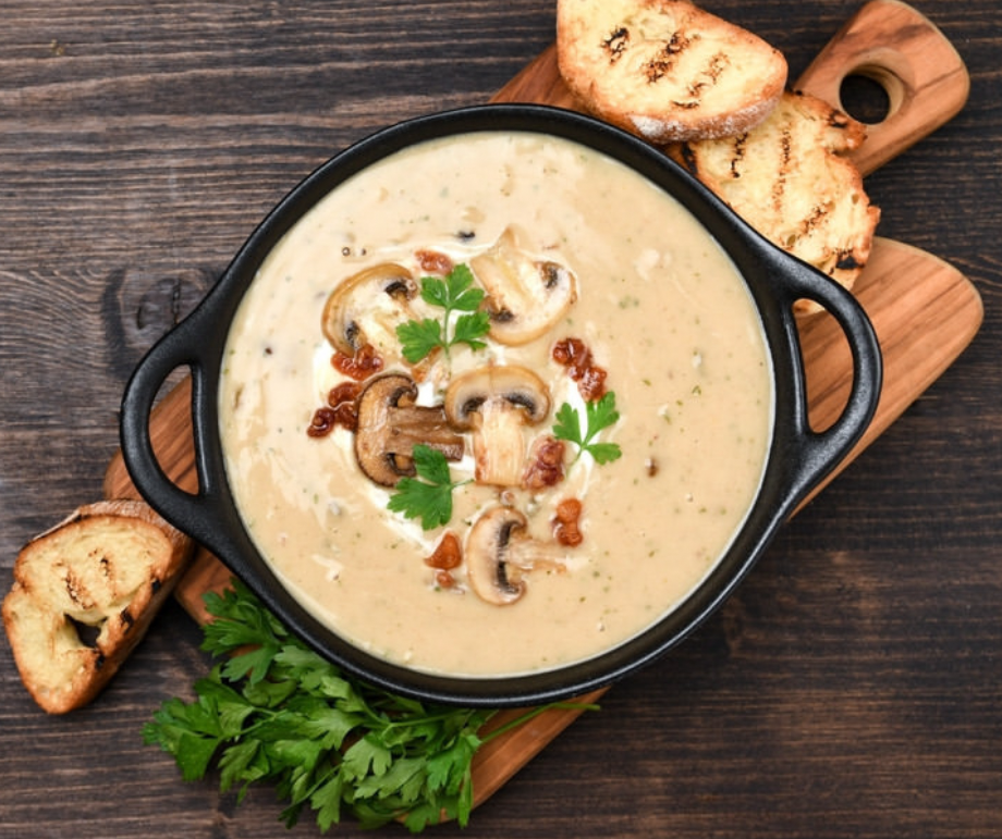 Wild Mushroom + Chestnut Soup with Morella Grove Chilli Crunch Topping
