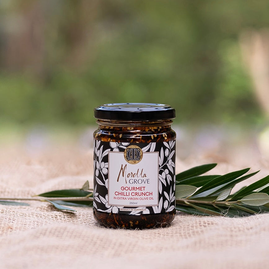 Morella Grove gourmet chilli crunch jar on a table