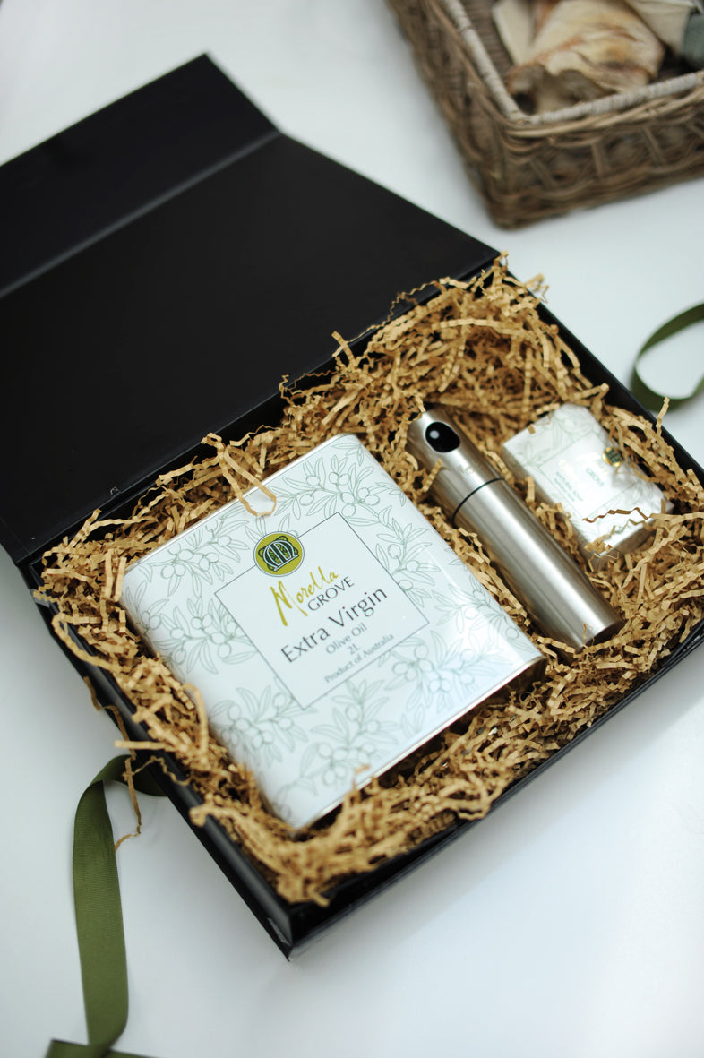 Morella Grove extra virgin olive oil 2L tin and stainless steel spray bottle in a box