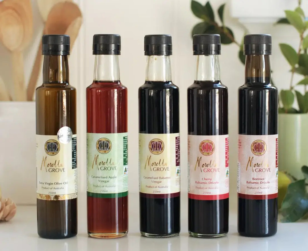 Morella Grove range of 250ml bottles including oil, caramelised vinegars and drizzles