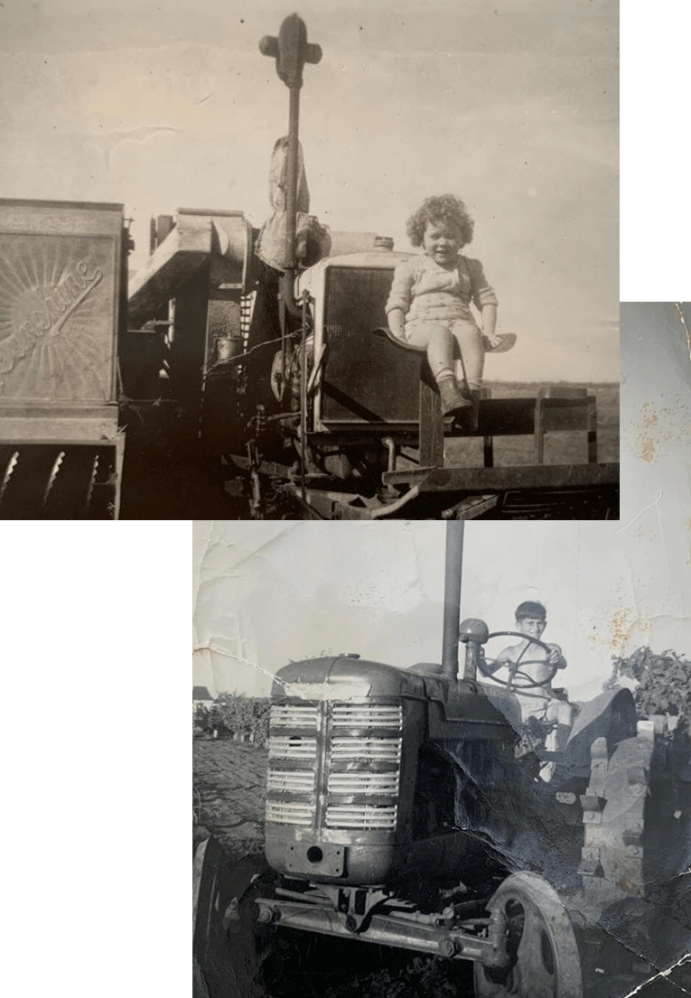 two old photos from the farm featuring the young children from the DalBon family sat on tractors