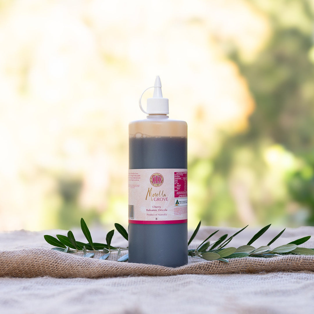 Morella Grove cherry balsamic drizzle 1L bottle on a table outside