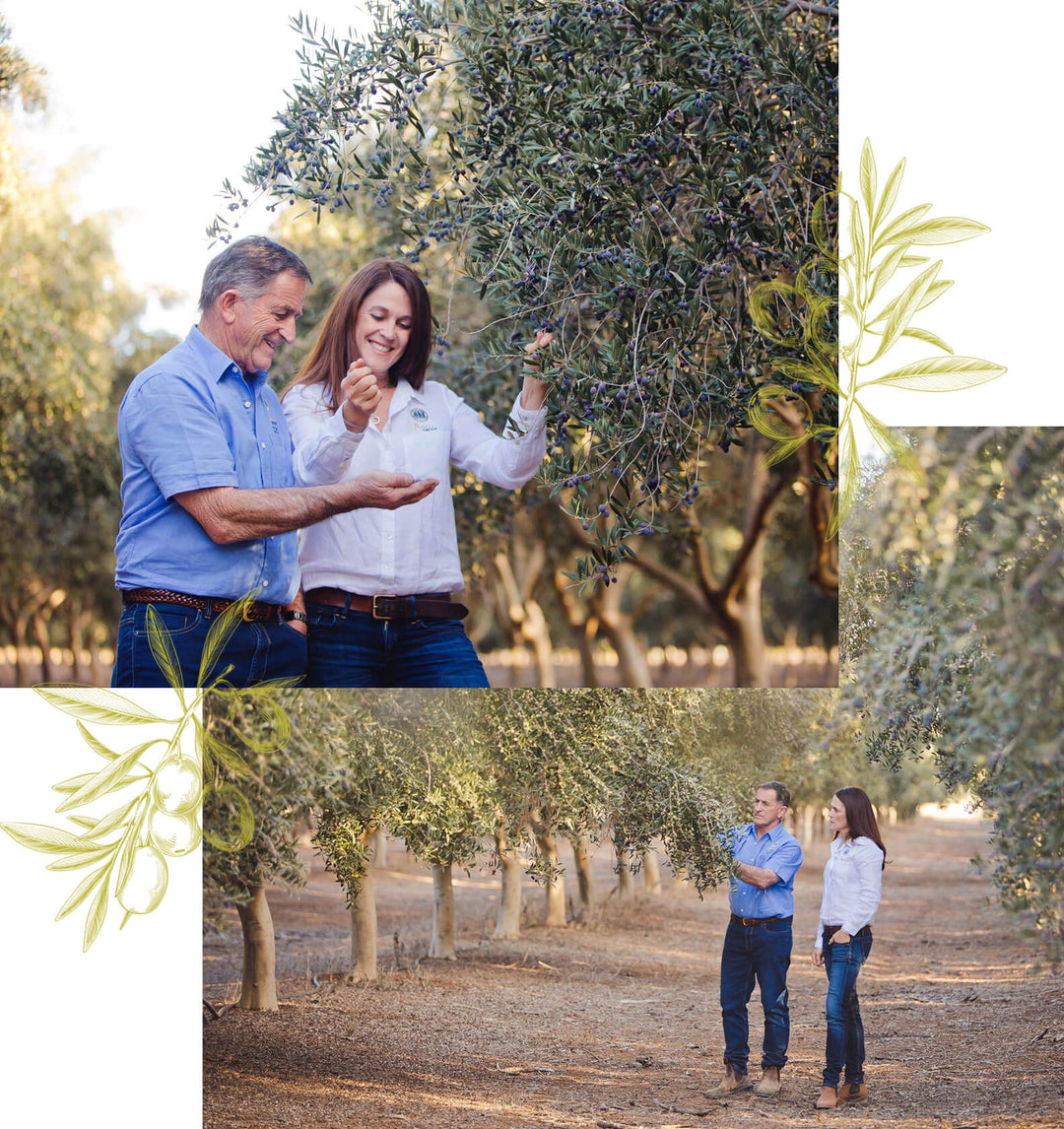 2 different photos of Natasha and Frank DalBon stood in the olive grove