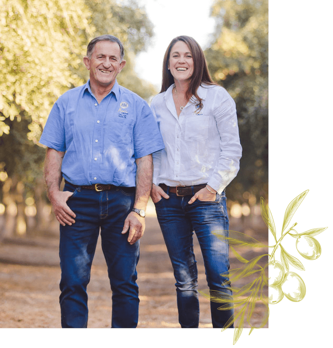 Natasha and Frank DalBon stood in the olive grove at Morella Grove