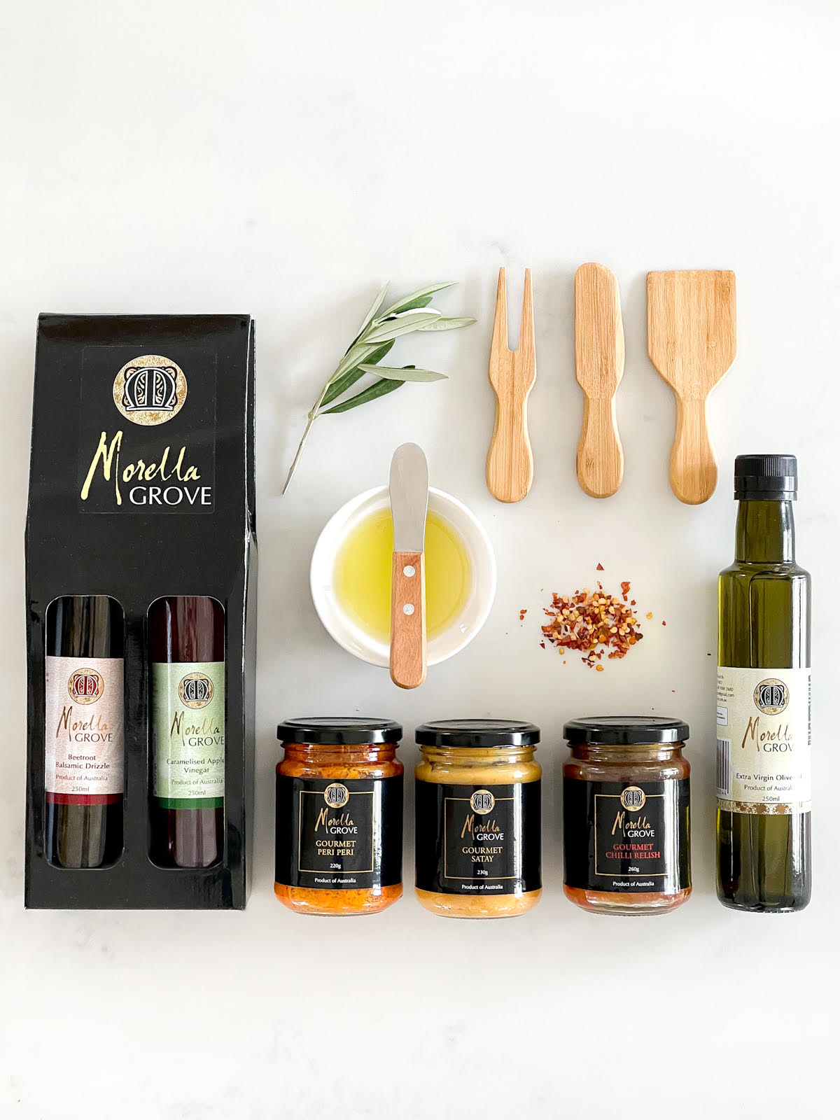 Morella Grove gourmet BBQ set with sauces, relish, vinegars and extra virgin olive oil