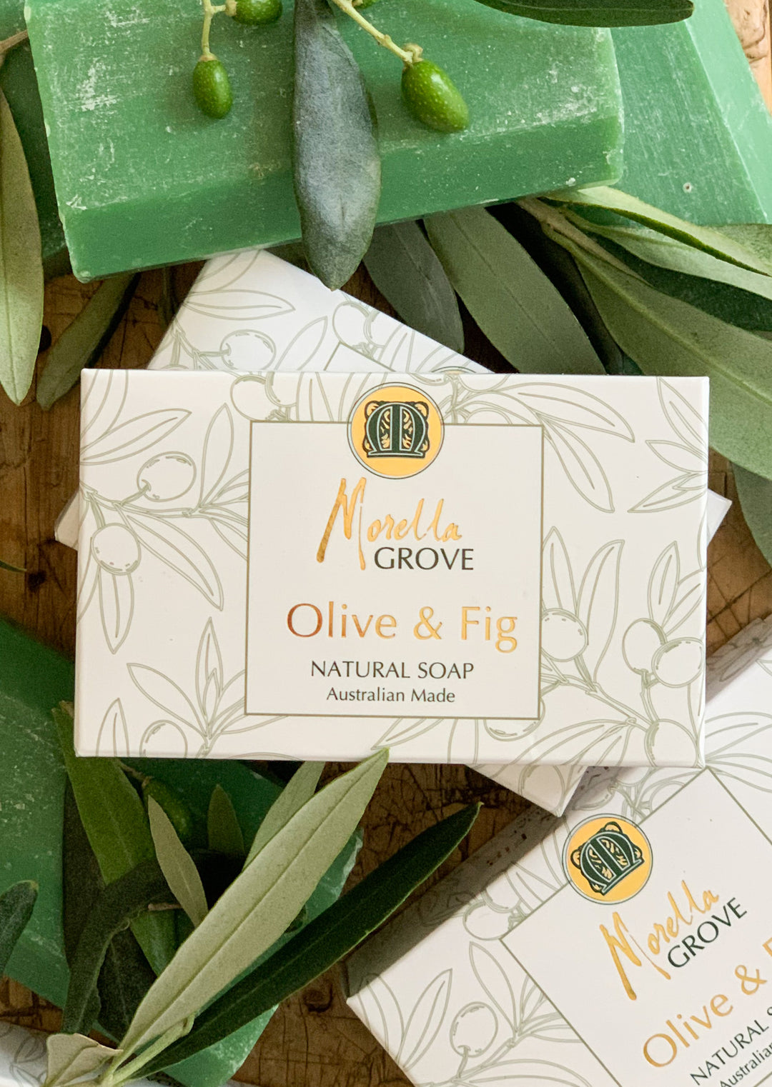 Morella Grove natural olive oil soap with fig fragrance in a box