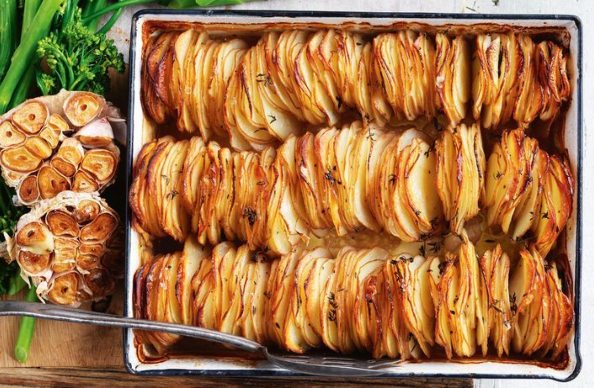 Golden roasted garlic and thyme potato stack.