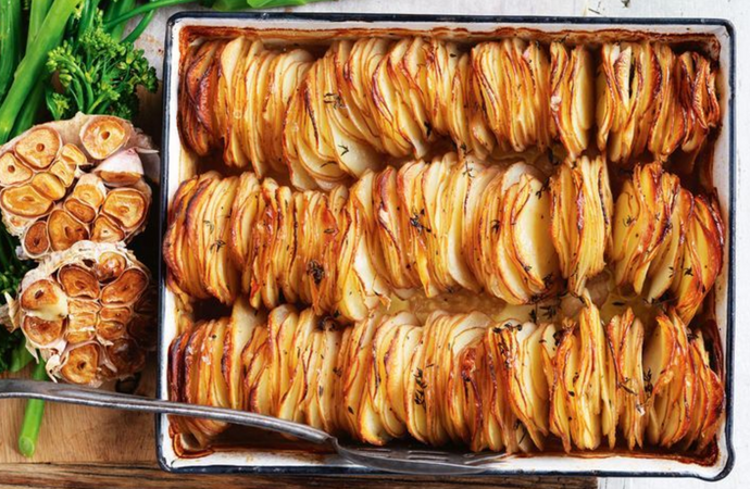 Golden roasted garlic and thyme potato stack.