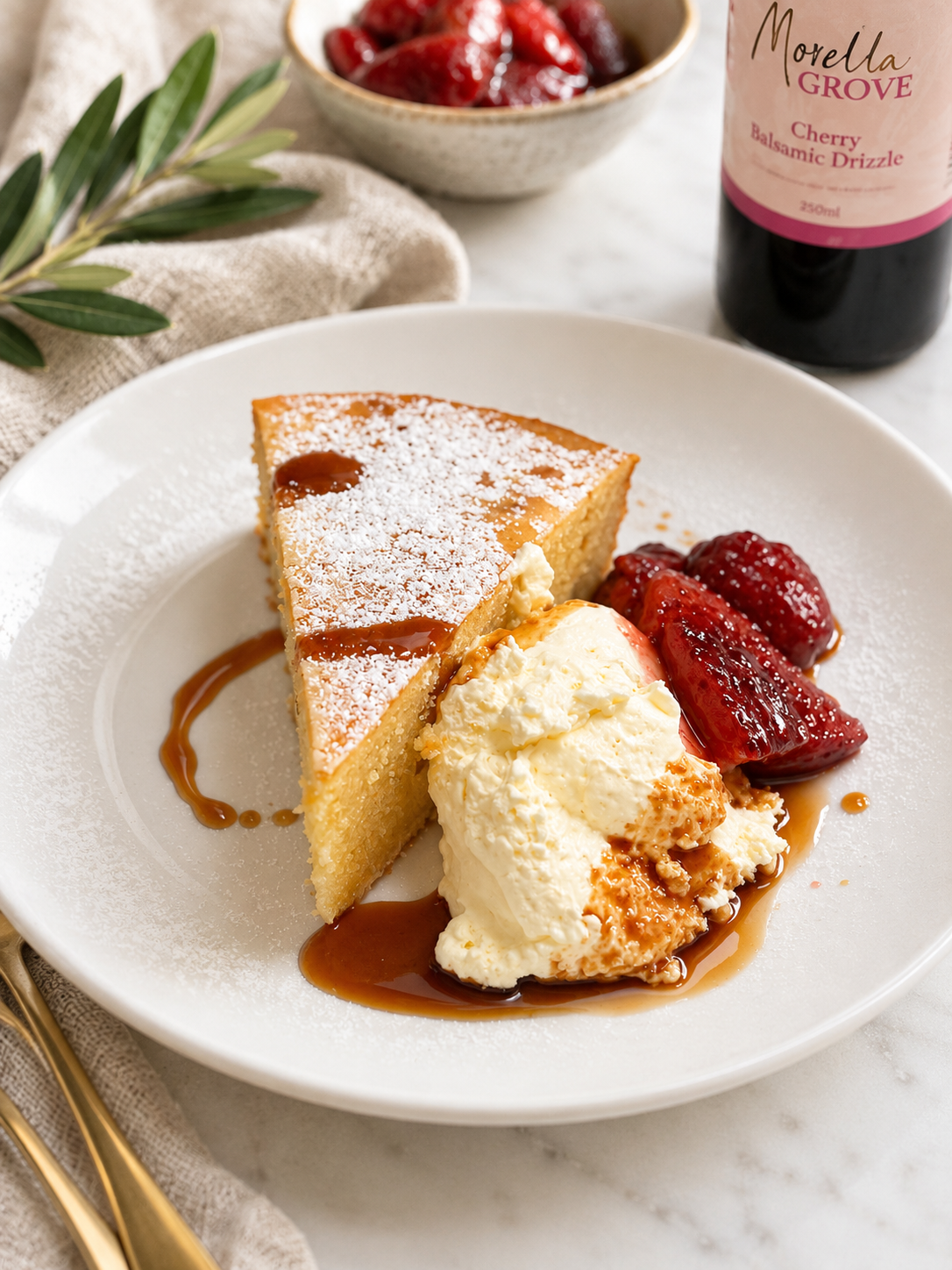 Ricotta & Lemon Cake with Cherry Balsamic Roasted Strawberries & Lemon Whipped Cream
