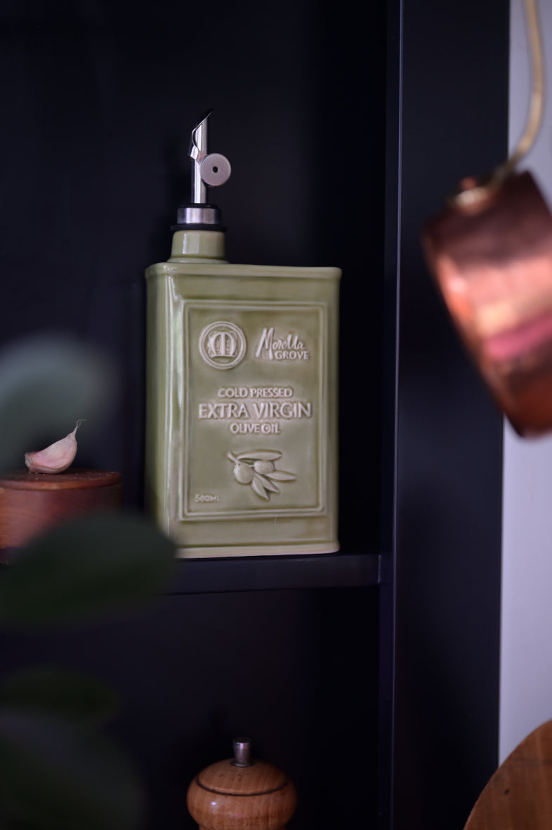 Morella Grove Ceramic Olive Oil Bottle – Sage Green (Includes 500 mL Cold Pressed Extra Virgin Olive Oil)