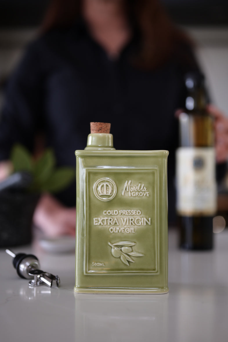Morella Grove Ceramic Olive Oil Bottle – Sage Green (Includes 500 mL Cold Pressed Extra Virgin Olive Oil)