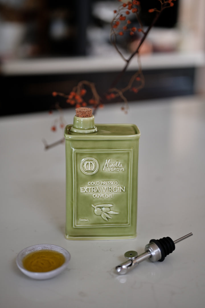 Morella Grove Ceramic Olive Oil Bottle – Sage Green (Includes 500 mL Cold Pressed Extra Virgin Olive Oil)