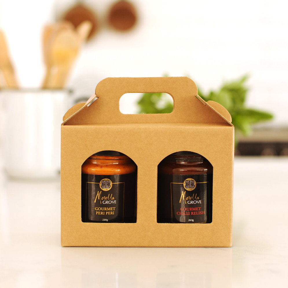 Morella Grove gourmet chilli relish and peri peri sauce twin pack